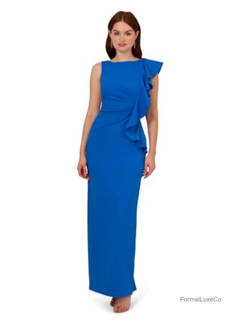 Adrianna Papell Knit Crepe Ruffle Gown Sleeveless Boat Neck Formal Dress